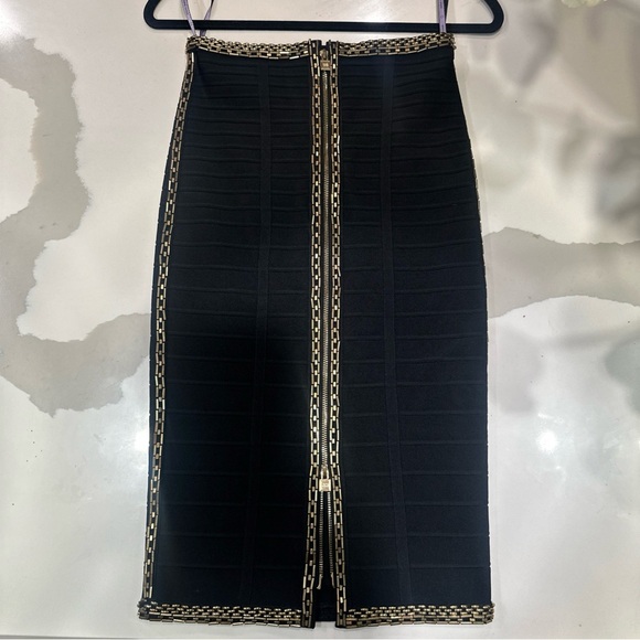 Herve Leger Black Pencil Skirt with Gold Accents - Picture 1 of 6